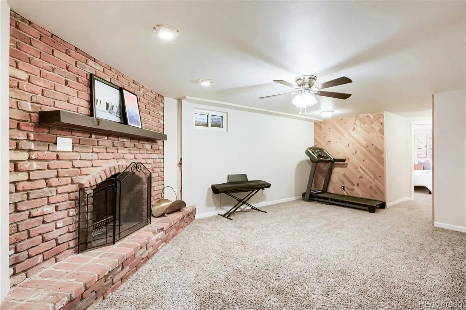 Basement fireplace and recreation space