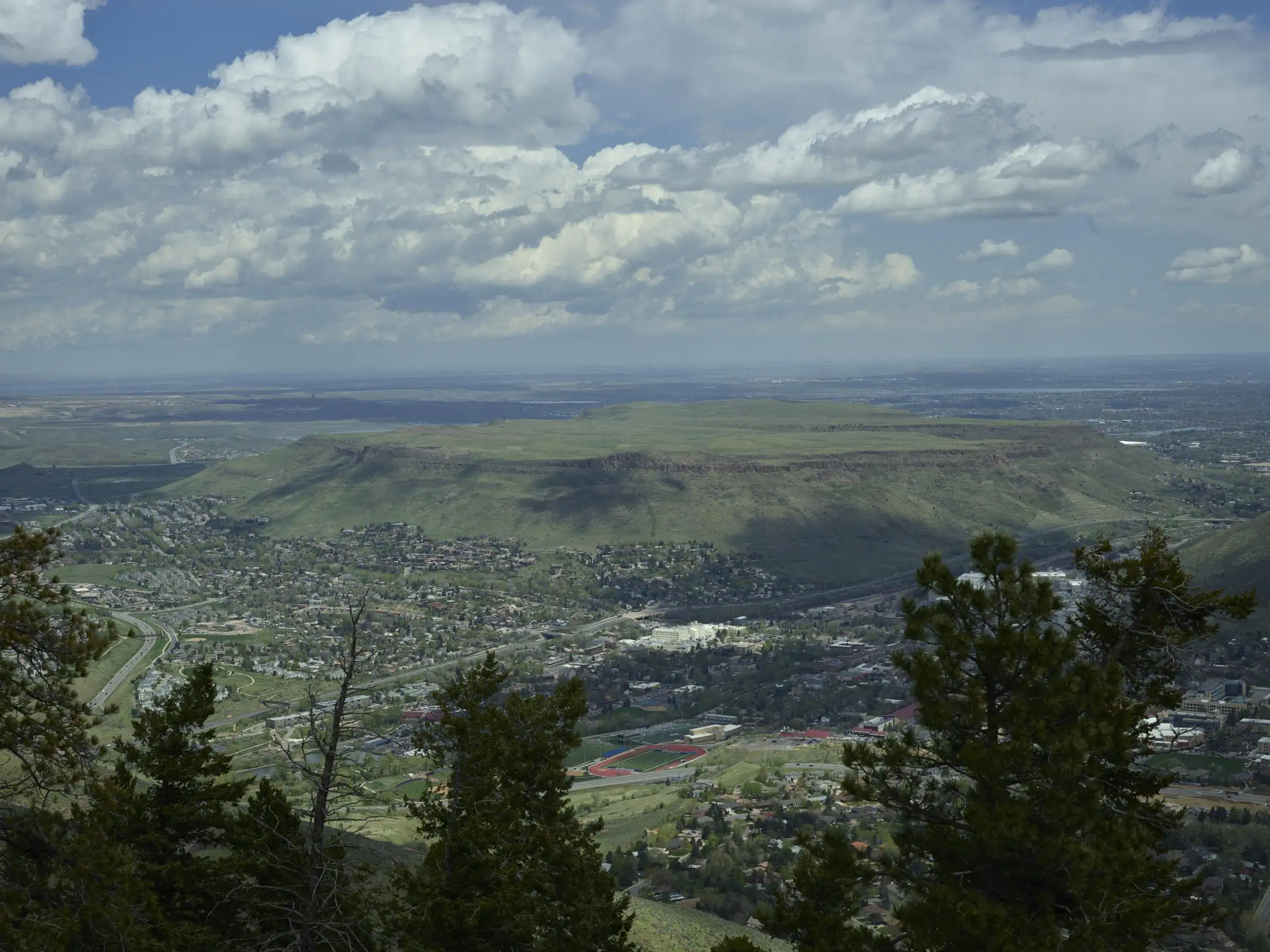 Looking northeast from Lookout Mountain across Golden and the mesas toward the west metro area
